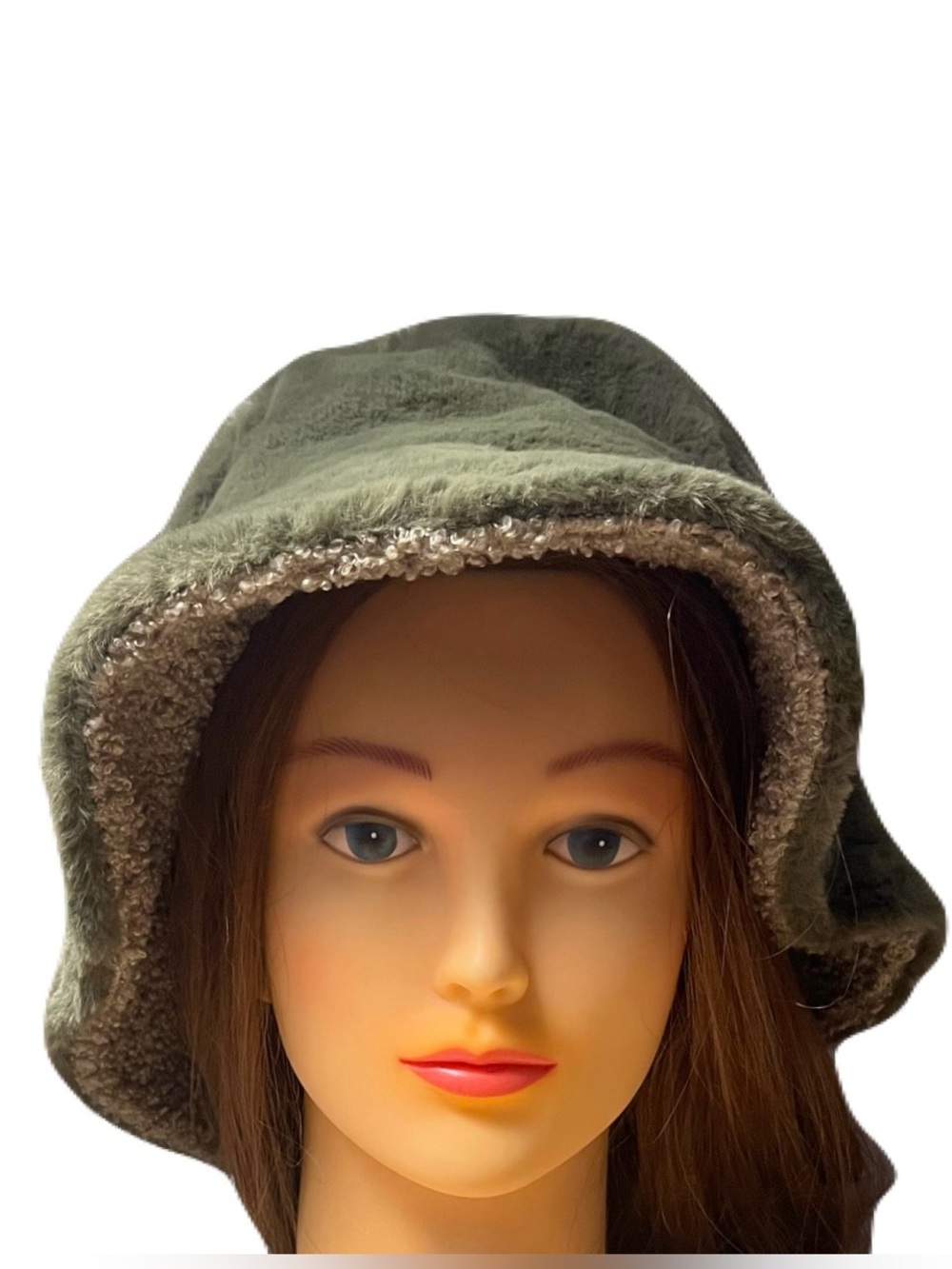 Plush Olive Green adjustable Bucket Hat with Sherpa Trim
